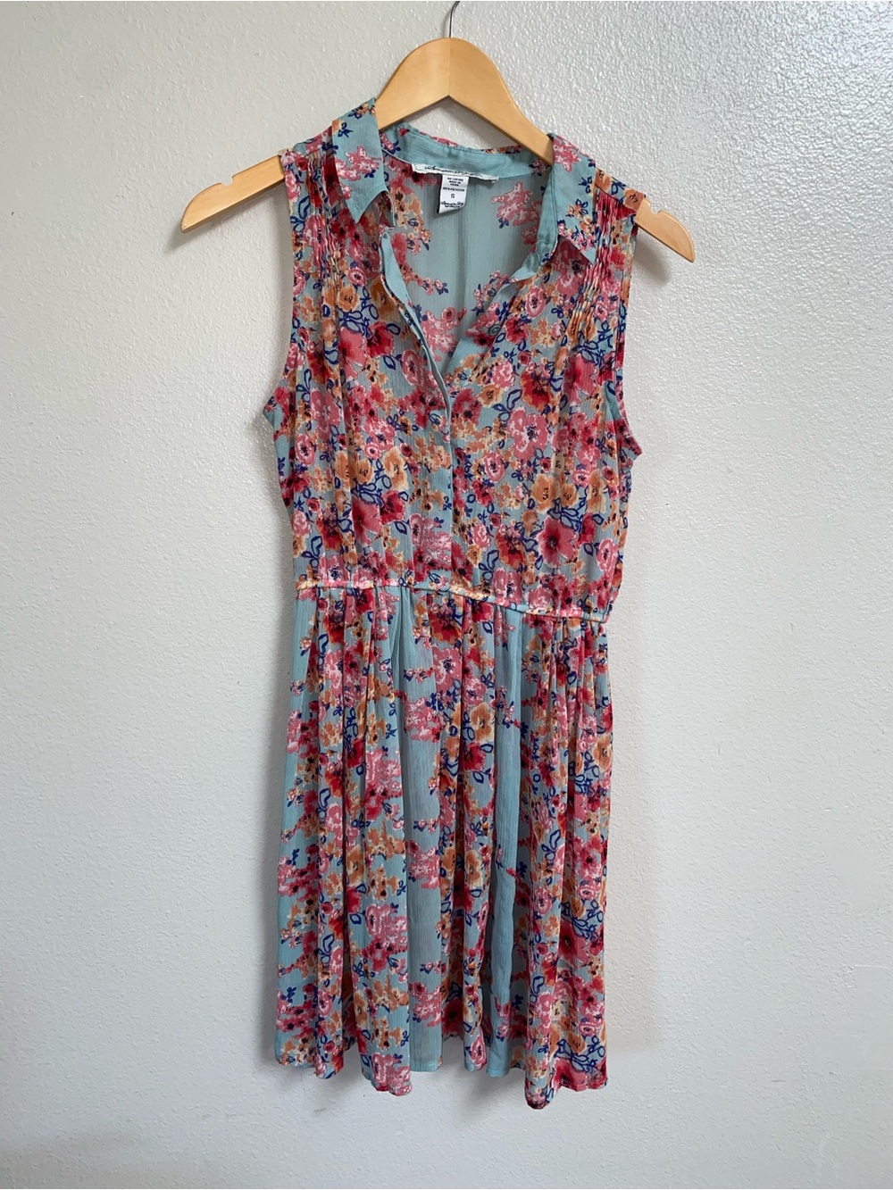 American Rag Chiffon Sheer Shirt Dress Teal Pink Size Small Cottagecore